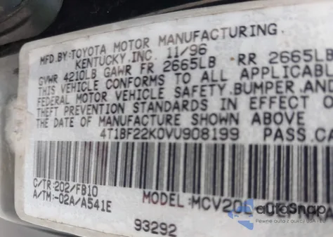 1997 Toyota Camry Le V6 from USA, damaged, VIN 4T1BF22K0VU908199